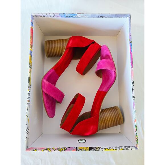 Jeffrey Campbell Purdy Pink & Red Suede Block Heel Sandals Size 7 - Picture 3 of 8